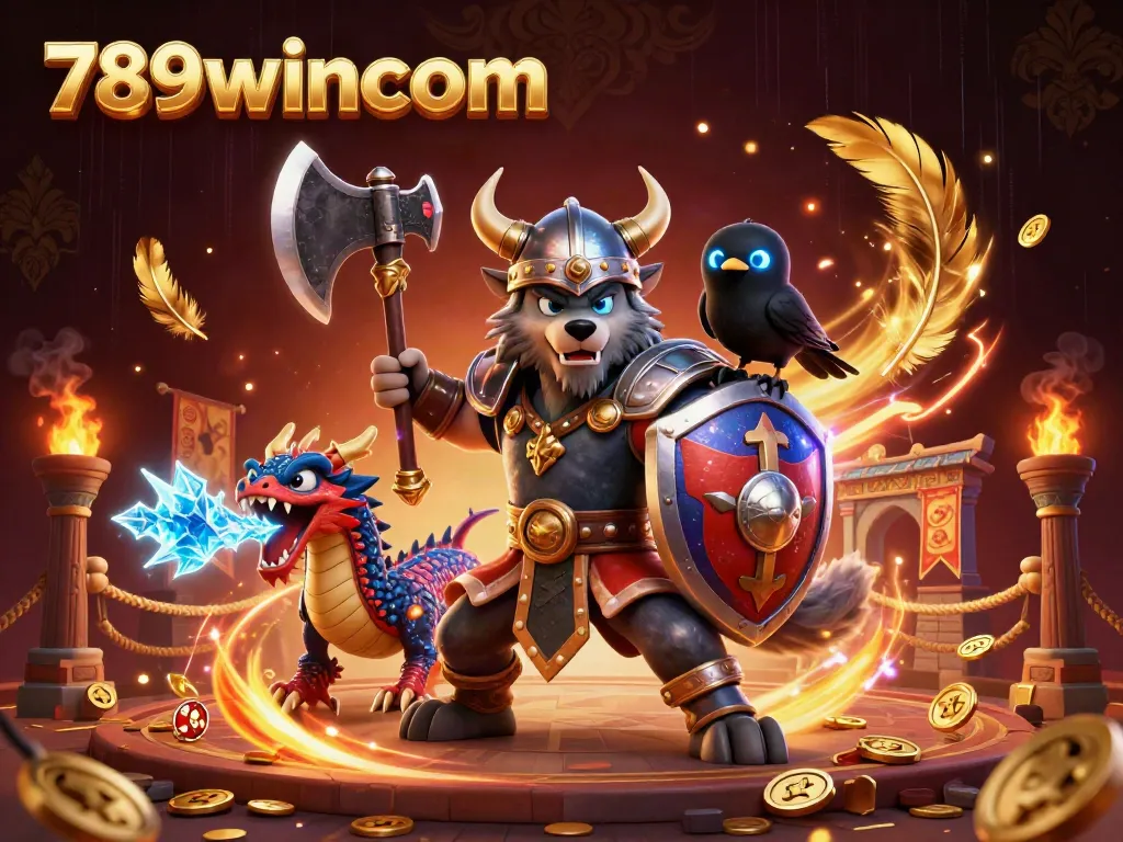 Engage in thrilling action with 789wincom, where a Viking wolf warrior and fierce dragon protect treasures of the casino.