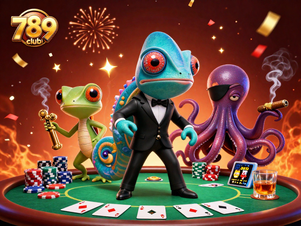 Win big at 789club with a vibrant illustration featuring gambling characters and poker elements.