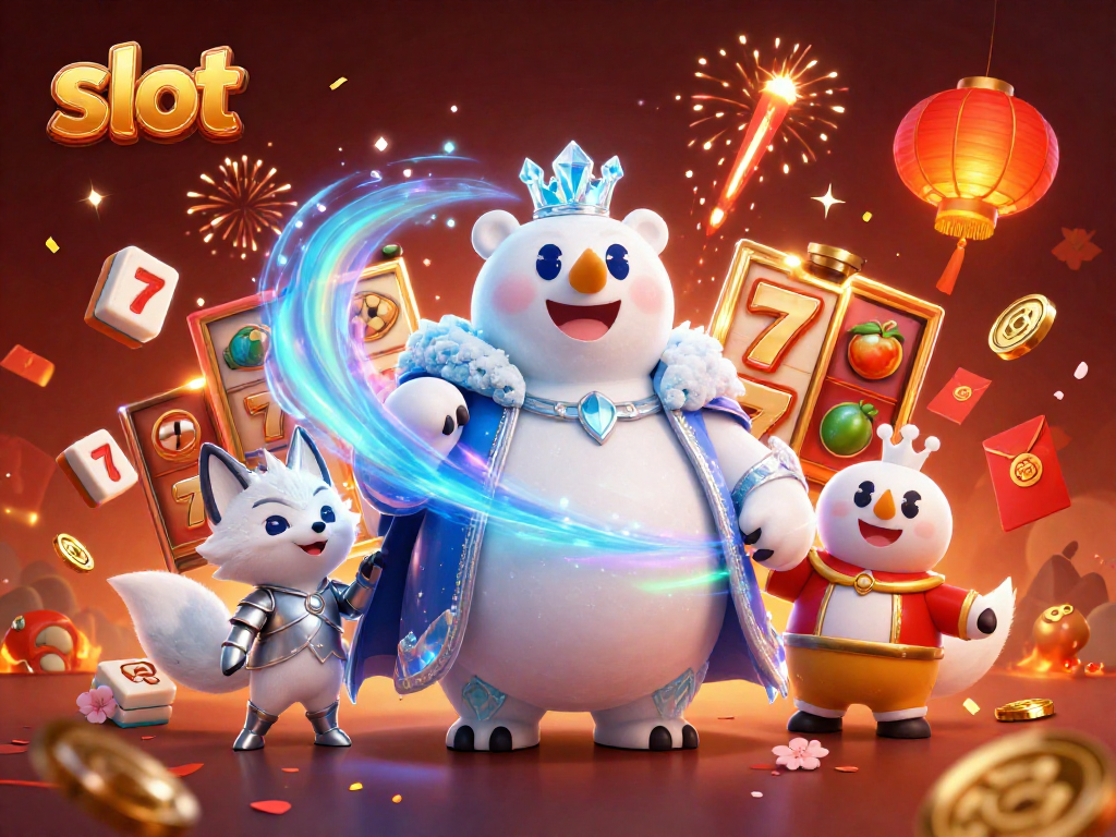 Engage with slot gaming action featuring animated characters and festive symbols in a dynamic casino scene.
