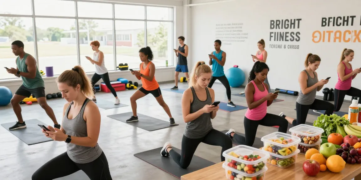 Best macro tracker apps in use by diverse individuals in a bright fitness studio, highlighting nutrition and exercise.