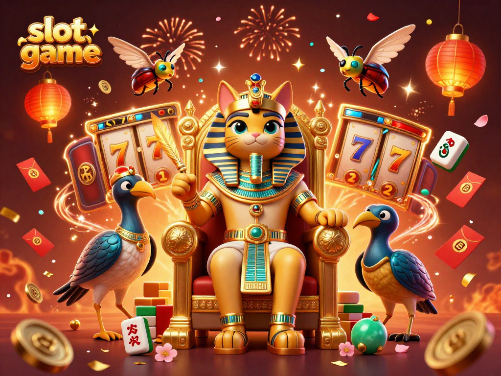 Engaging slot game scene with Egyptian pharaoh cat, jewels, and slot reels flying around