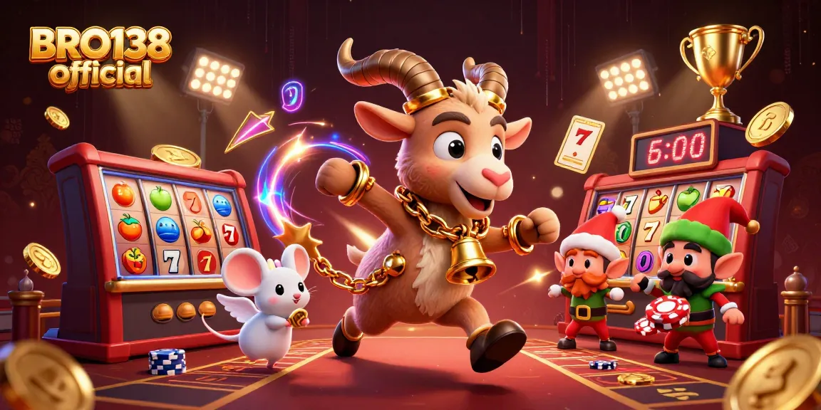 Engage with BRO138 official in a lively casino scene featuring festive characters amidst dynamic slot game elements.