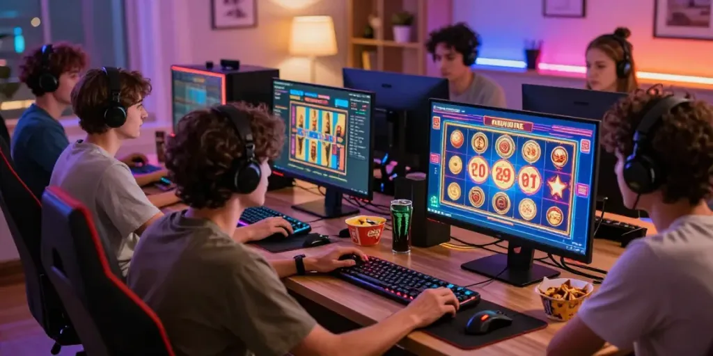 Group enjoying raja slot games in a vibrant living room with gaming setup.