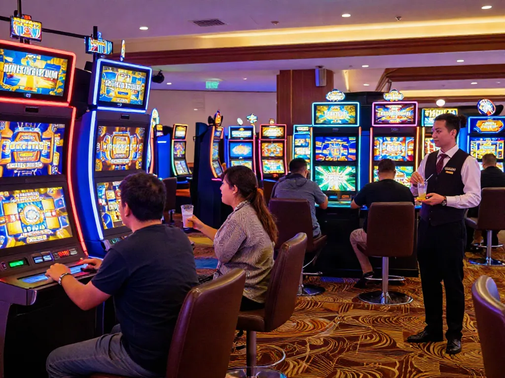 Exciting casino scene showcasing gamers at สล็อตเว็บตรง slot machines amidst vibrant neon lights.
