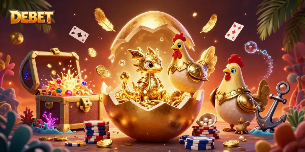 Experience DEBET's thrilling gaming with a mesmerizing golden dragon and poker chips.