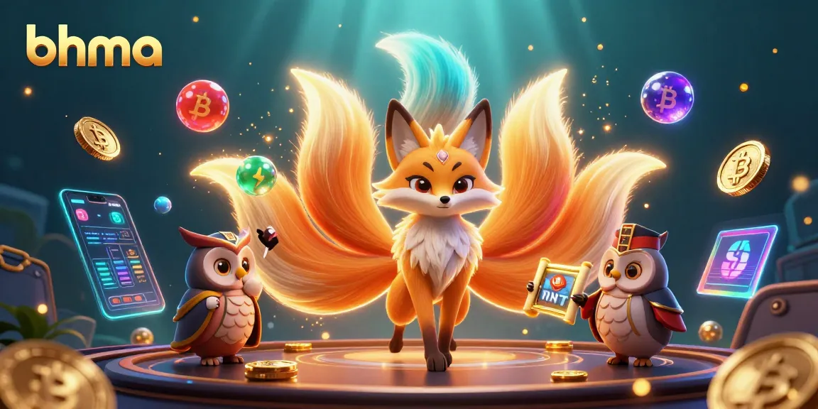 Engage with bhma's vibrant casino scene featuring a glowing nine-tailed fox and crypto elements.