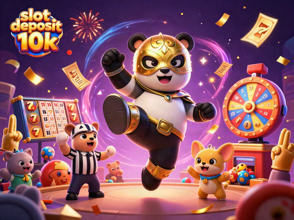 Experience thrilling gameplay in slot deposit 10k with a lively 3D illustration of a cartoon panda wrestler amidst casino chaos.