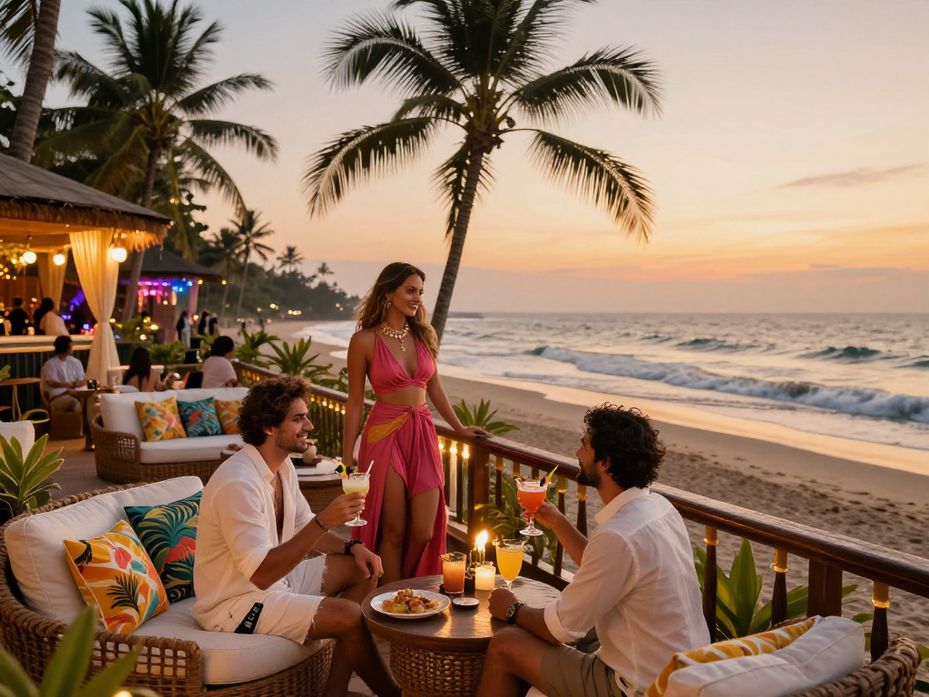 Goa escorts providing an alluring experience on a hotel balcony during sunset.