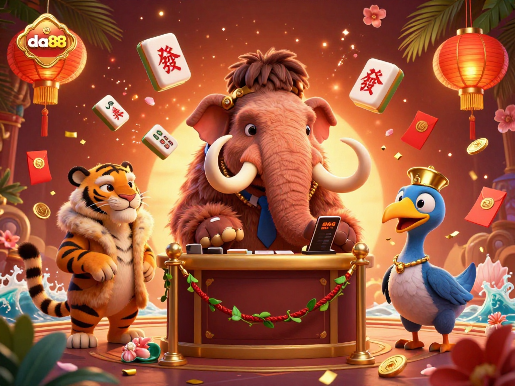 da88 features a vibrant 3D illustration of a woolly mammoth bouncer checking IDs in a bustling casino.
