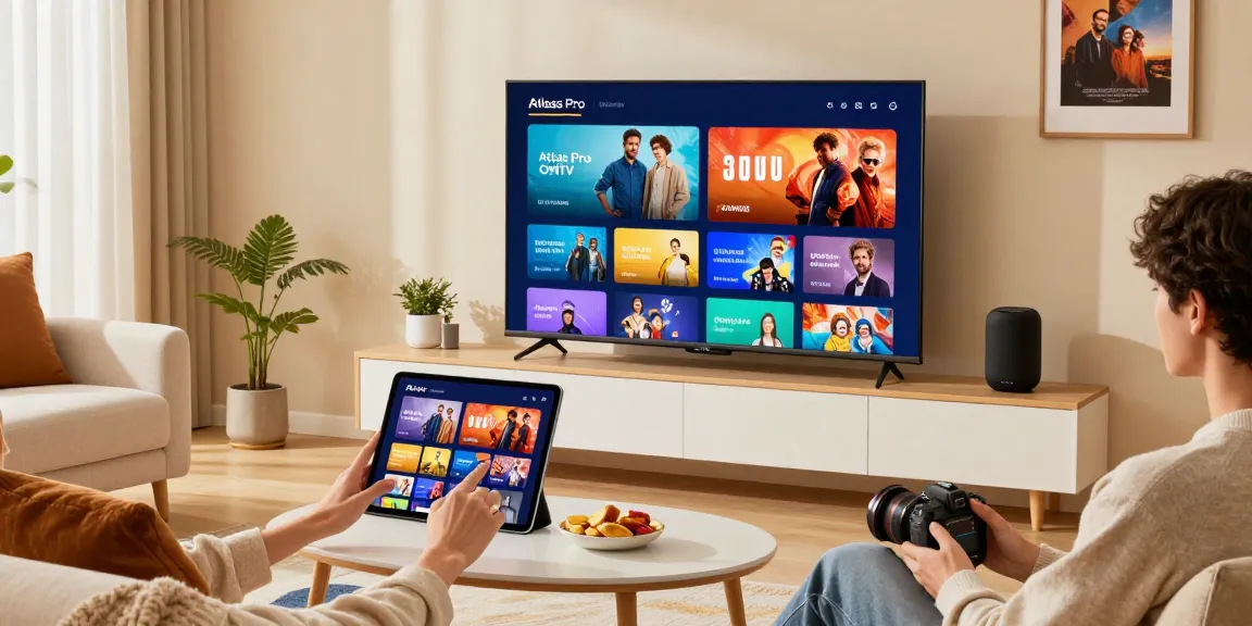 Une personne utilisant l'application Atlas Pro pour regarder des chaînes en direct sur un téléviseur intelligent dans un salon moderne.