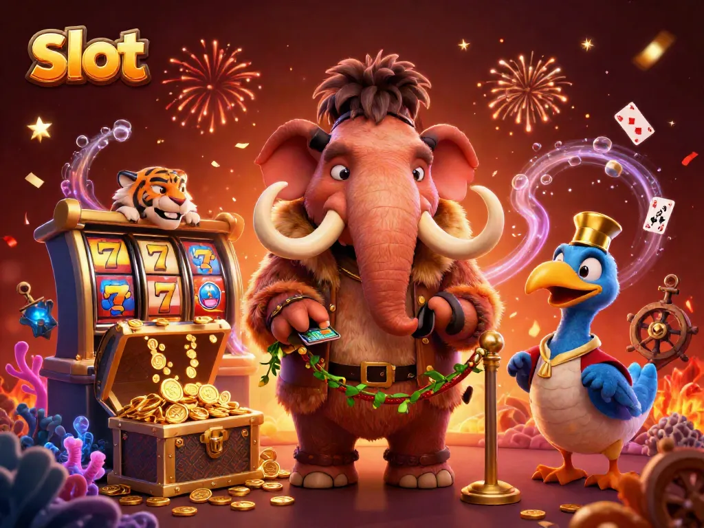 Join the excitement of slot machines with a vibrant scene featuring a woolly mammoth bouncer, flashy reels, and confetti.