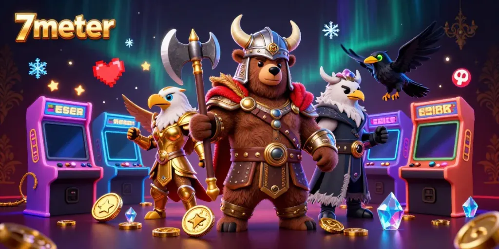 Play epic games at 7meter featuring a Viking bear and Valkyrie eagle in a vibrant casino scene.