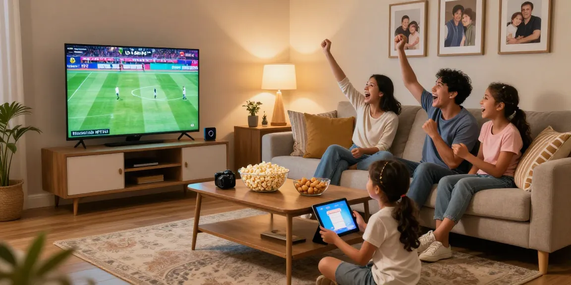 Family enjoying Blue Shark IPTV in a cozy living room while watching live sports on a large TV.