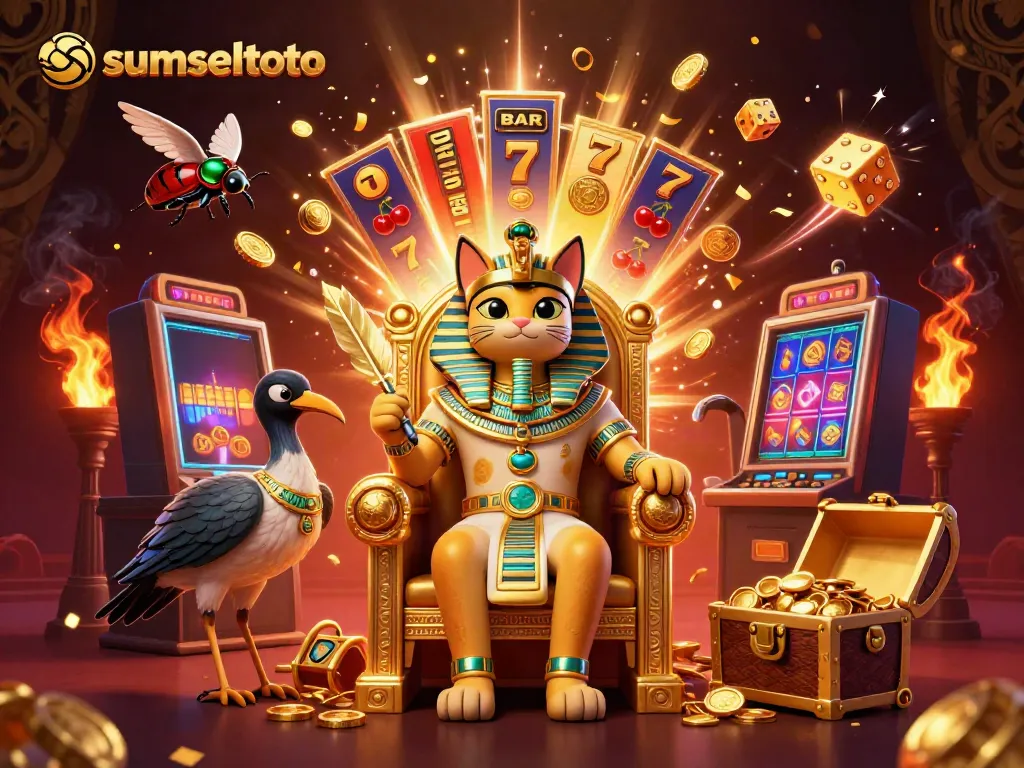 Experience the thrilling world of sumseltoto with vibrant casino elements and Egyptian-themed characters.