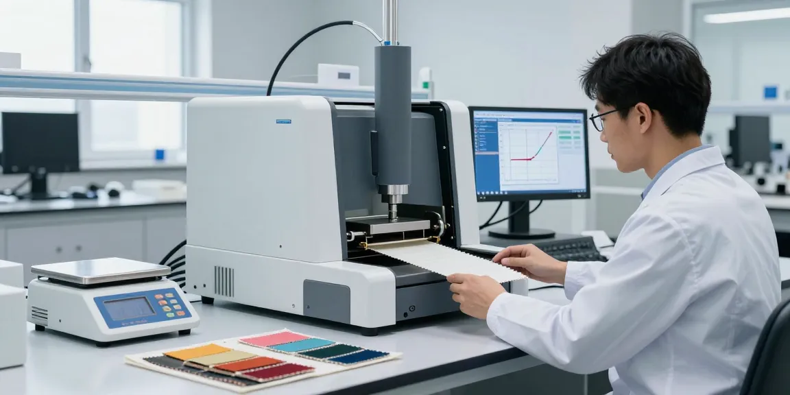 Technician using fabric tensile tester in a modern textile testing lab.
