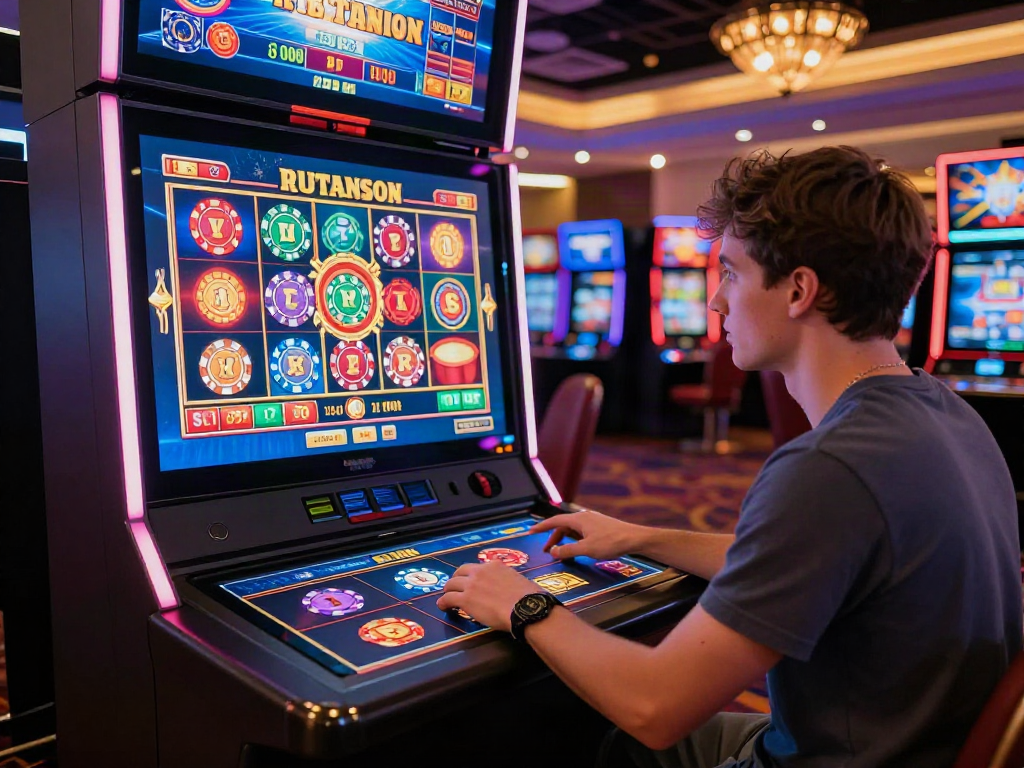 Engaged player enjoying rutanslot in a vibrant digital casino setting with immersive interface and colorful gaming elements.