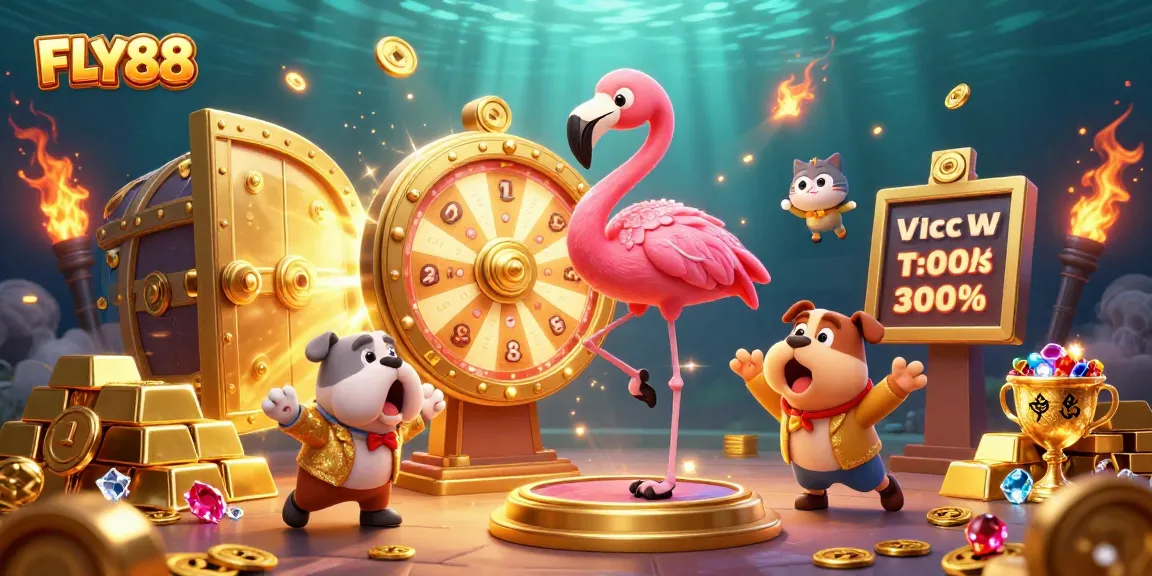 Experience the excitement at FLY88 with vibrant 3D graphics showcasing prizes and rewards in a thrilling casino setting.