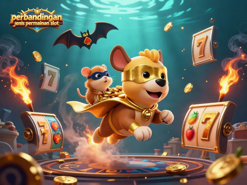 Menggali perbandingan jenis permainan slot dengan ilustrasi karakter kasino yang dinamis dan berwarna-warni.