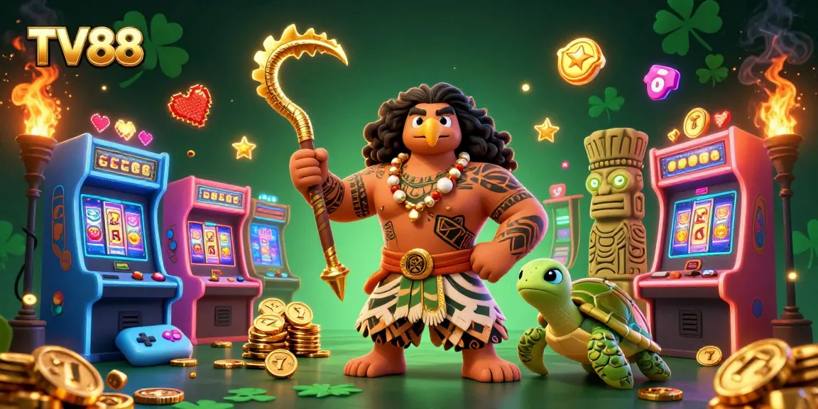 Experience thrilling wins at TV88 with a dynamic casino-themed 3D illustration combining classic and new gaming elements.