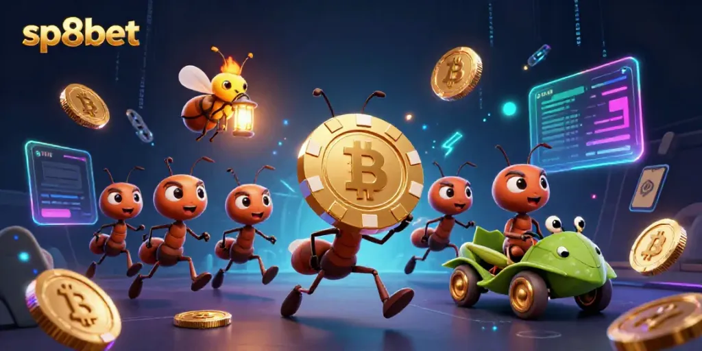 Engage in the sp8bet casino adventure with animated ants carrying a massive poker chip, showcasing vibrant gaming icons.