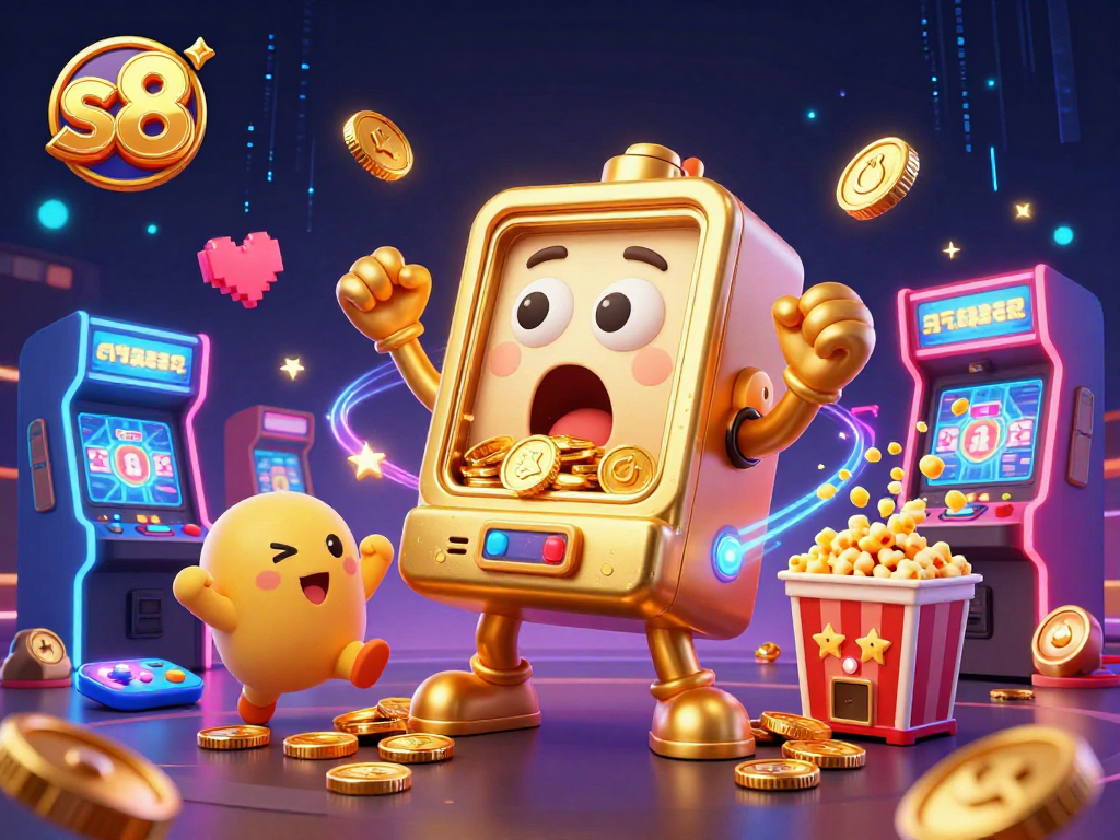S8 players hit jackpots on golden slot machines as coins shower down, celebrating wins.