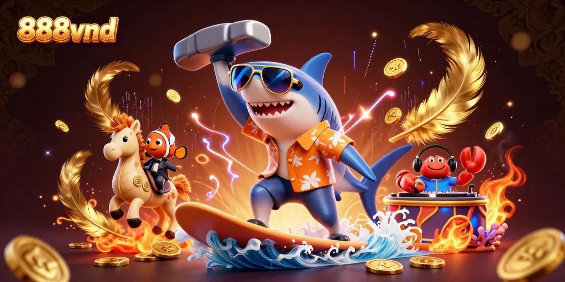 Immerse in the thrill of 888vnd with a vibrant underwater casino scene featuring a shark and a clownfish.