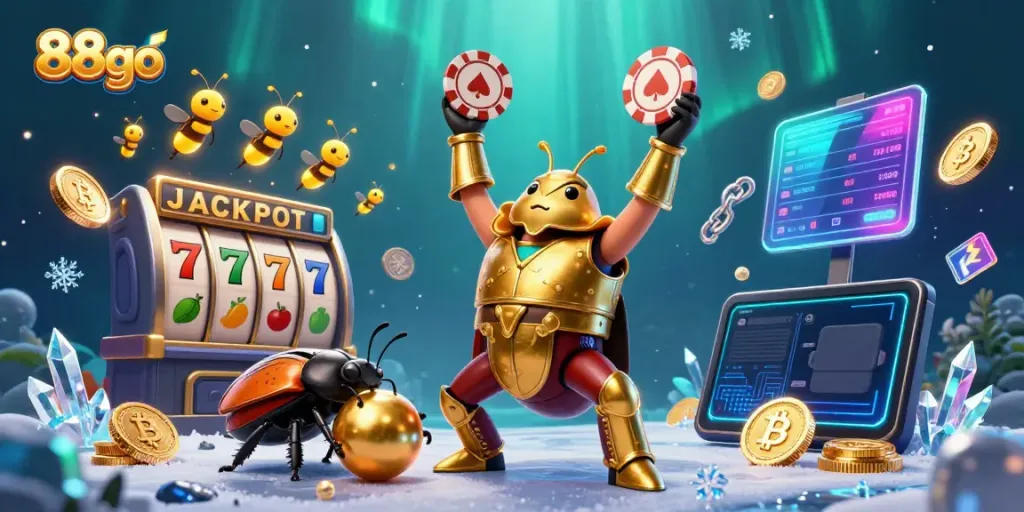 Spin to win with 88go as a hercules beetle celebrates victory in a vibrant casino scene.