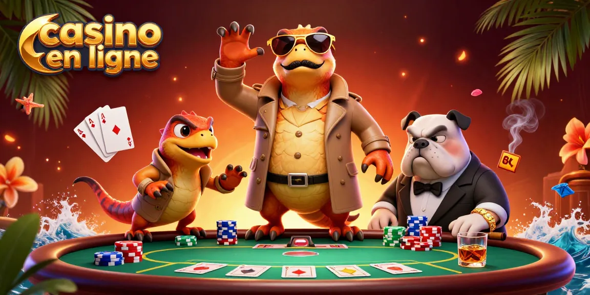 Jouez à des jeux dans un casino en ligne avec des raptors en costume, entourés de jetons et de cartes.