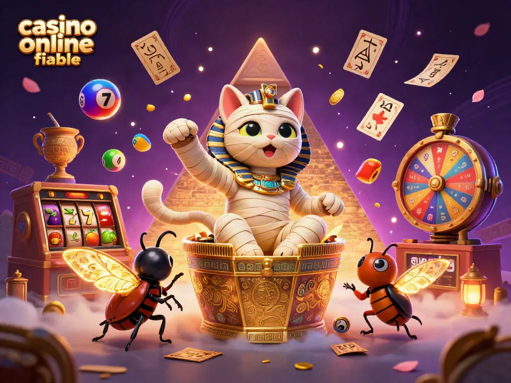 Disfruta del espectáculo en un casino online fiable con un gato momia egipcio que sale de un sarcófago dorado.