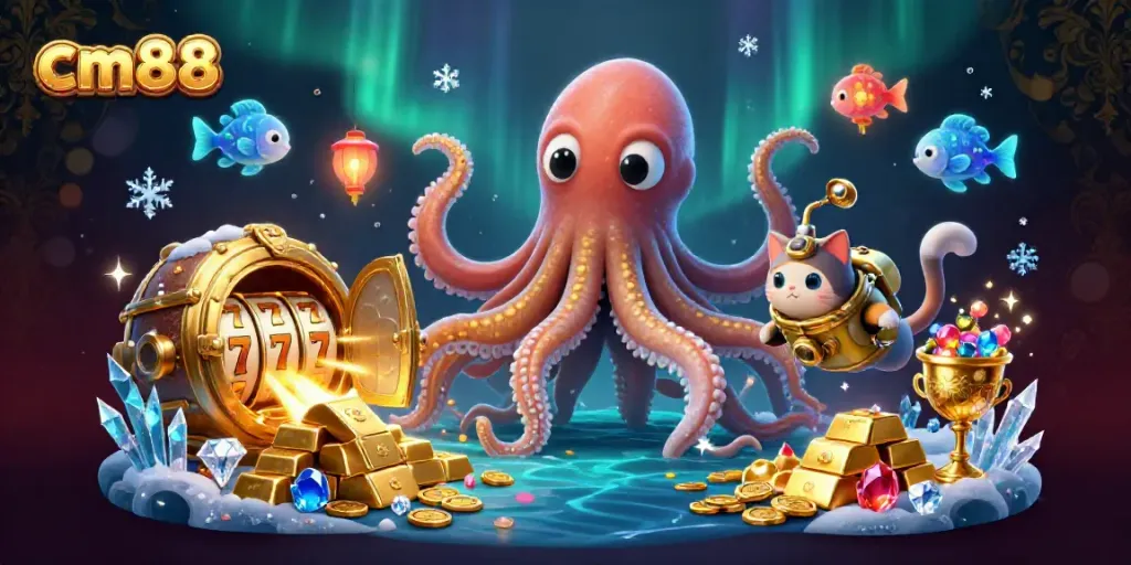 Experience the thrilling world of cm88 with vibrant 3D treasures, slot reels, and a kraken.