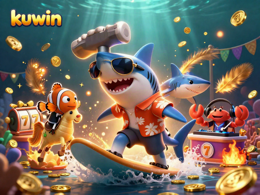 Surf the waves of kuwin slots with a shark, clownfish, and crab on a gold coin adventure.
