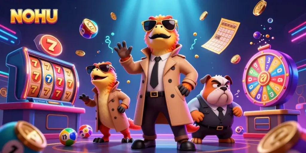 Experience NOHU with dynamic raptors, golden tickets, and vibrant gambling elements in a lively casino atmosphere.
