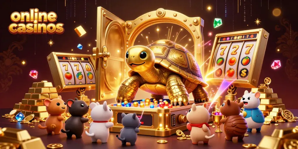 Engage with exhilarating online casinos in this vibrant, dynamic 3D scene of a golden tortoise pinball machine.
