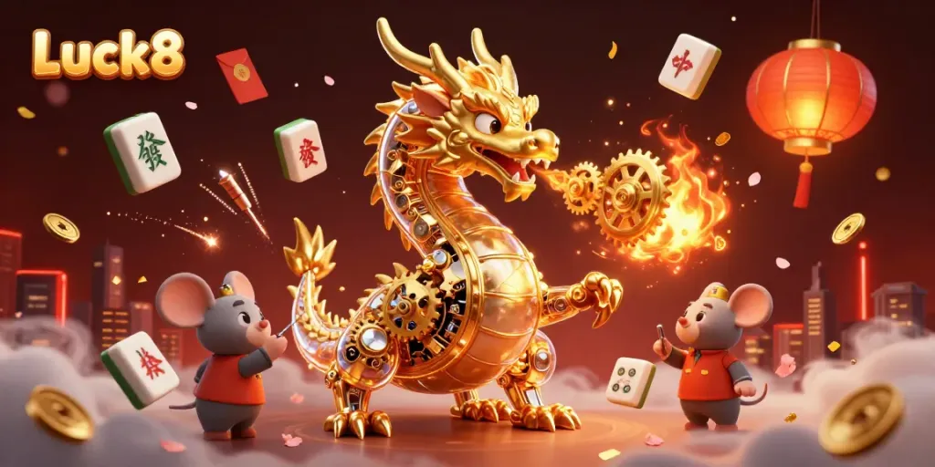 Engage with the Luck8 online gaming experience featuring a golden dragon amidst vibrant casino elements.