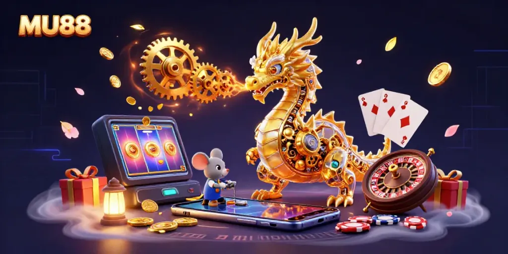 Experience thrilling gameplay at MU88 with a vibrant 3D fantasy scene showcasing a golden dragon and casino elements.
