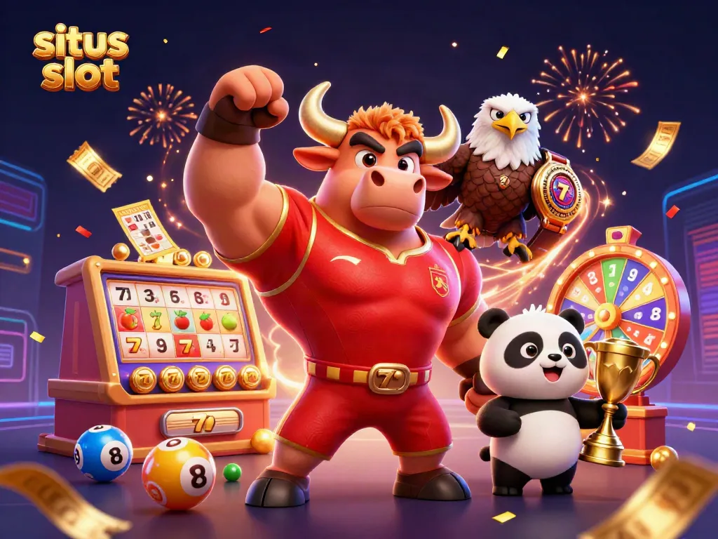Win big at situs slot with a victorious bull, eagle, and panda celebrating together!