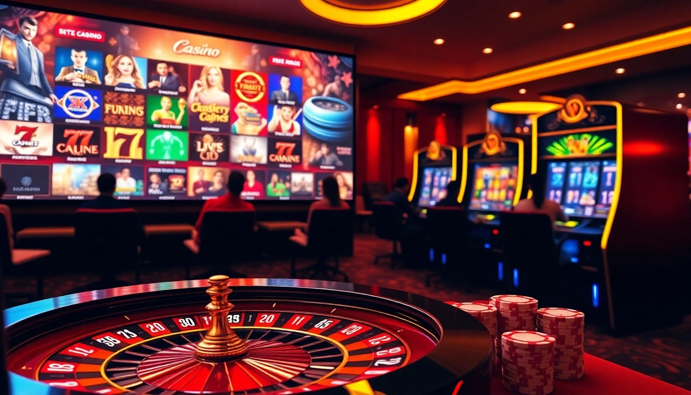 Une scène vibrante présentant un site de casino en ligne luxueux avec roulette, jetons de poker et machines à sous.