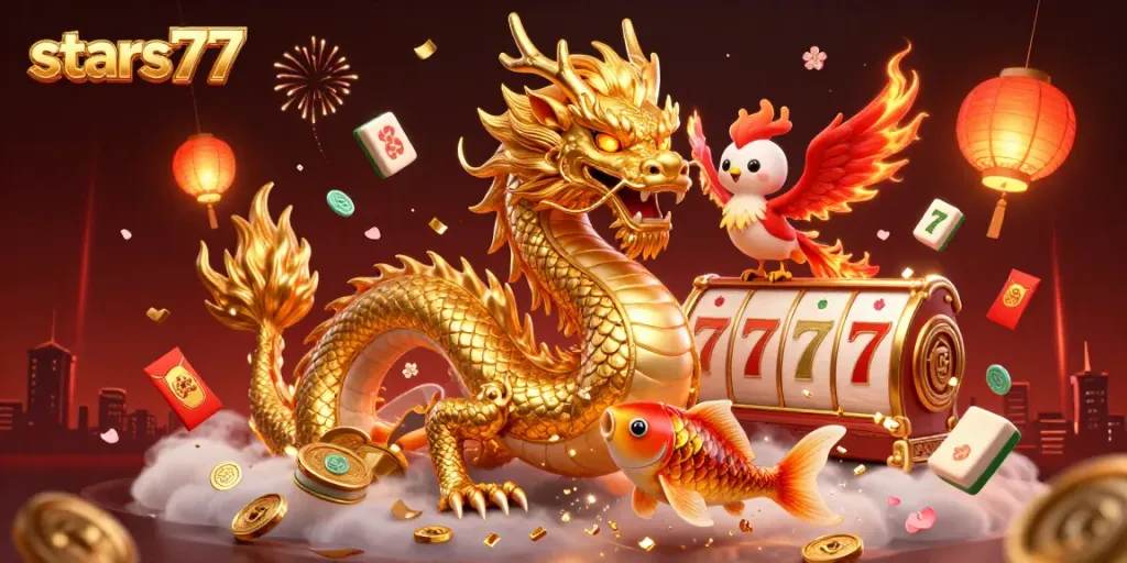 Menangkan permainan di stars77 dengan ilustrasi 3D yang menampilkan naga emas dan phoenix.