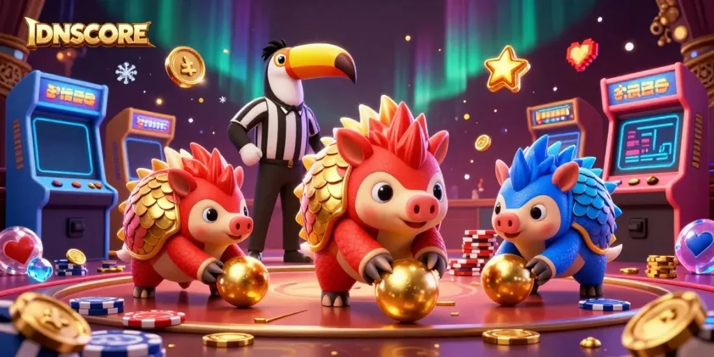 Experience the thrilling IDNSCORE gameplay with vibrant pangolins in a casino-inspired scene.