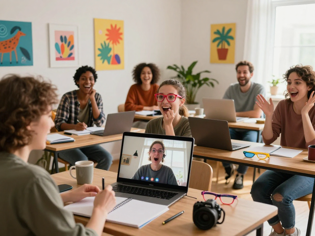 Engaging online improv classes for adults featuring diverse participants in cozy home settings, showcasing joy and creativity.