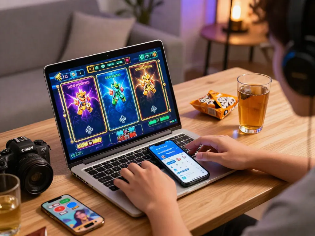 Enjoying an engaging slot game on a laptop with e-wallet transactions visible, showcasing a cozy home office.
