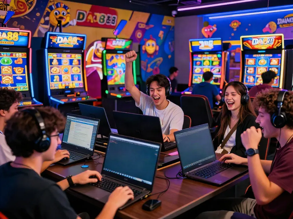 Players engaging with DA88 online gaming in a lively digital casino atmosphere