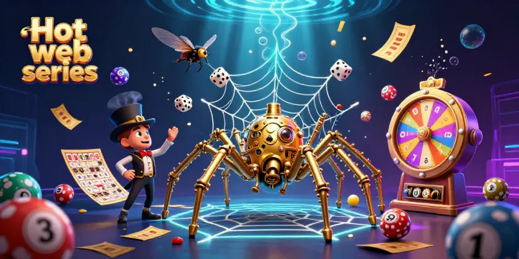 Menangkap momen "Serial Web Panas" dengan ilustrasi 3D steampunk, dadu terjebak dan bola lotere berwarna-warni.