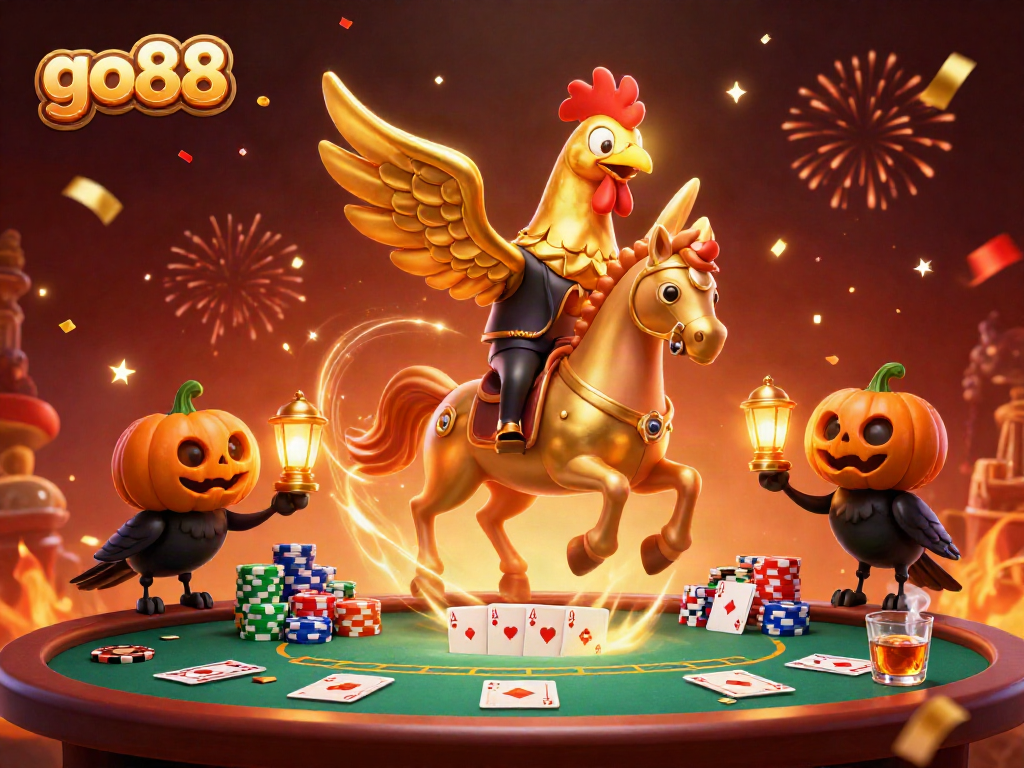 Engage with go88's exciting casino experience illustrated by a golden rooster leading the way.
