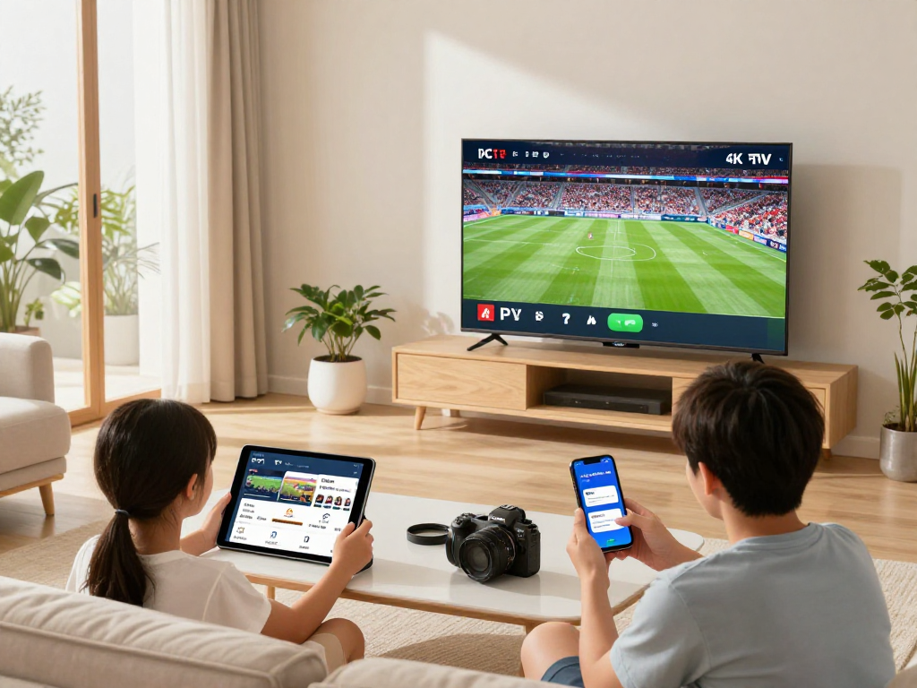 Gezin kijkt naar de beste IPTV met 4K beeldkwaliteit op verschillende schermen.