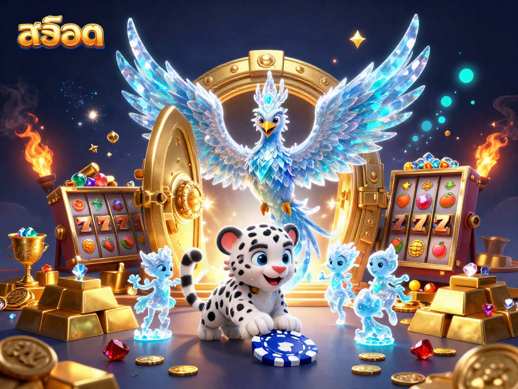 Experience the thrill of สล็อต with a curious snow leopard and a prismatic phoenix in a dynamic casino scene.