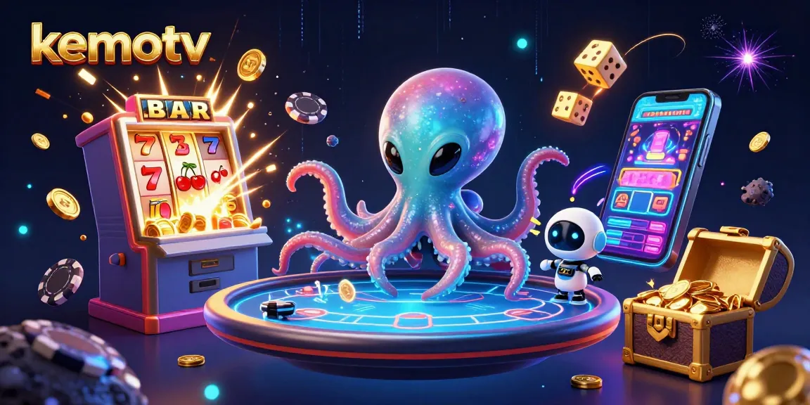 Engage with kemotv, featured alien octopus and robot in a rich casino-themed illustration.