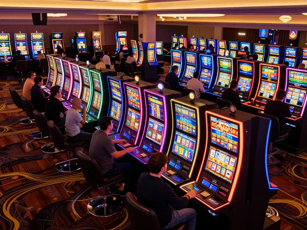 Celebrating a win on a link slot machine amidst vibrant casino atmosphere