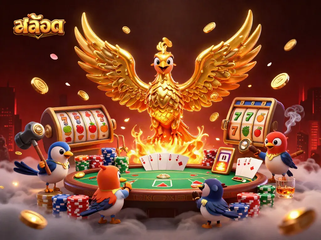 Spin the reels of สล็อต with a golden phoenix and poker elements in a casino illustration.