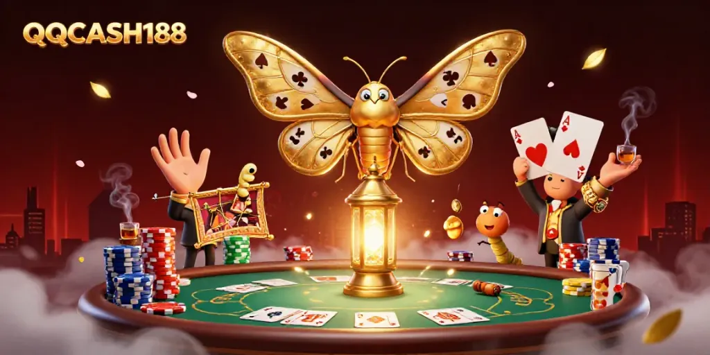 Experience QQCASH188 with stunning casino-themed illustrations featuring dynamic gaming action and vibrant details.